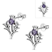 Amethyst CZ Thistle Stud Silver Earrings, e342